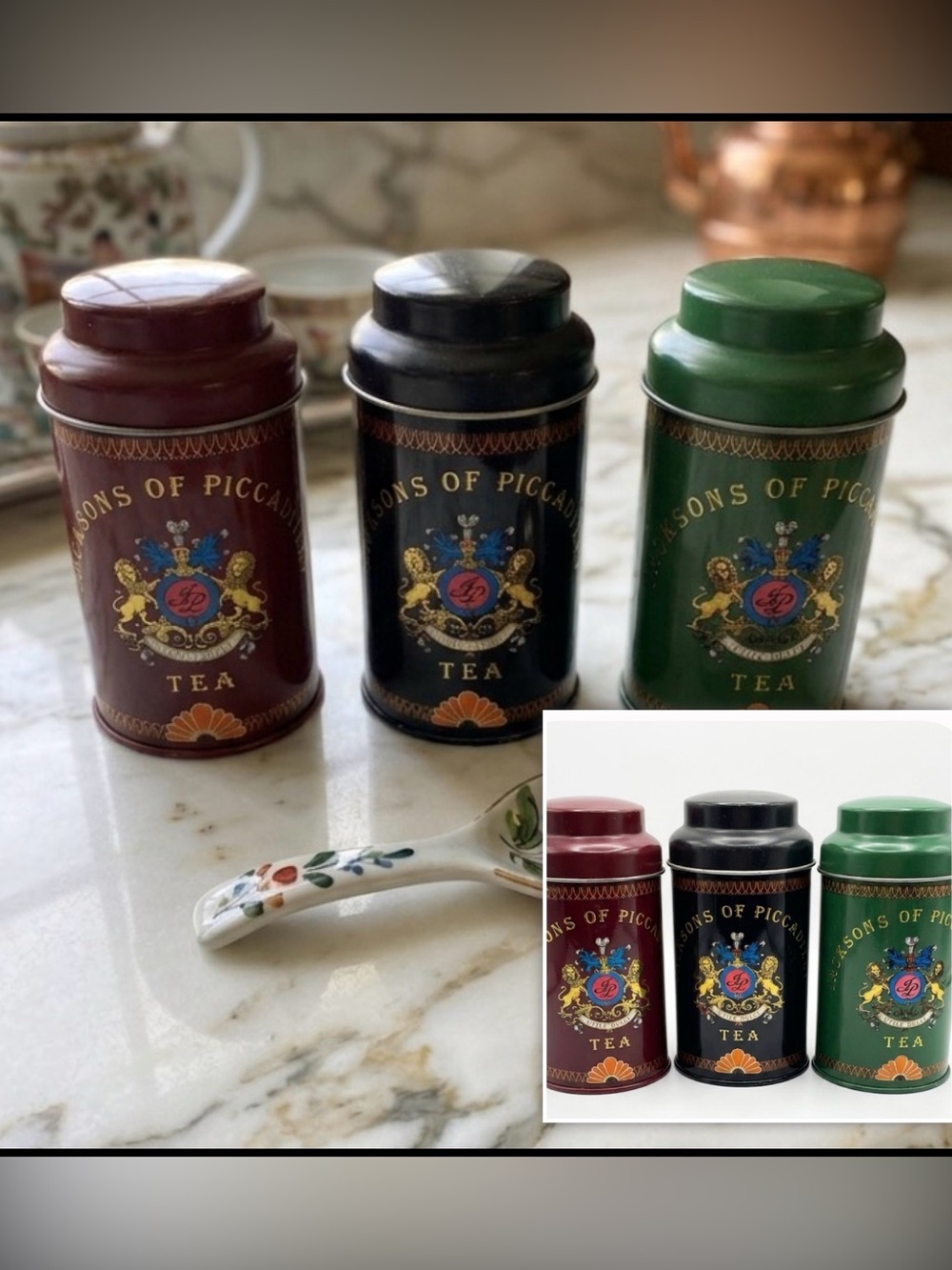 3 VTG Jacksons of Piccadilly Tea Tins 4”H Burgundy Black Green Collectible Set